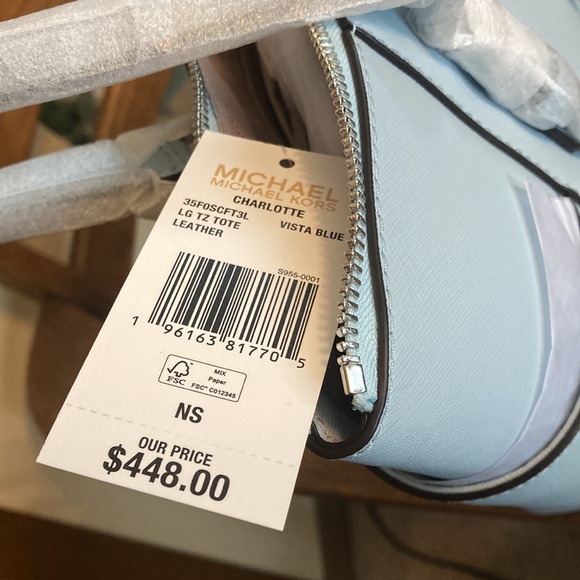 NWT Michael Kors Charlotte Large Zip Shoulder Tote Saffiano Leather Vista Blue - Picture 7 of 11